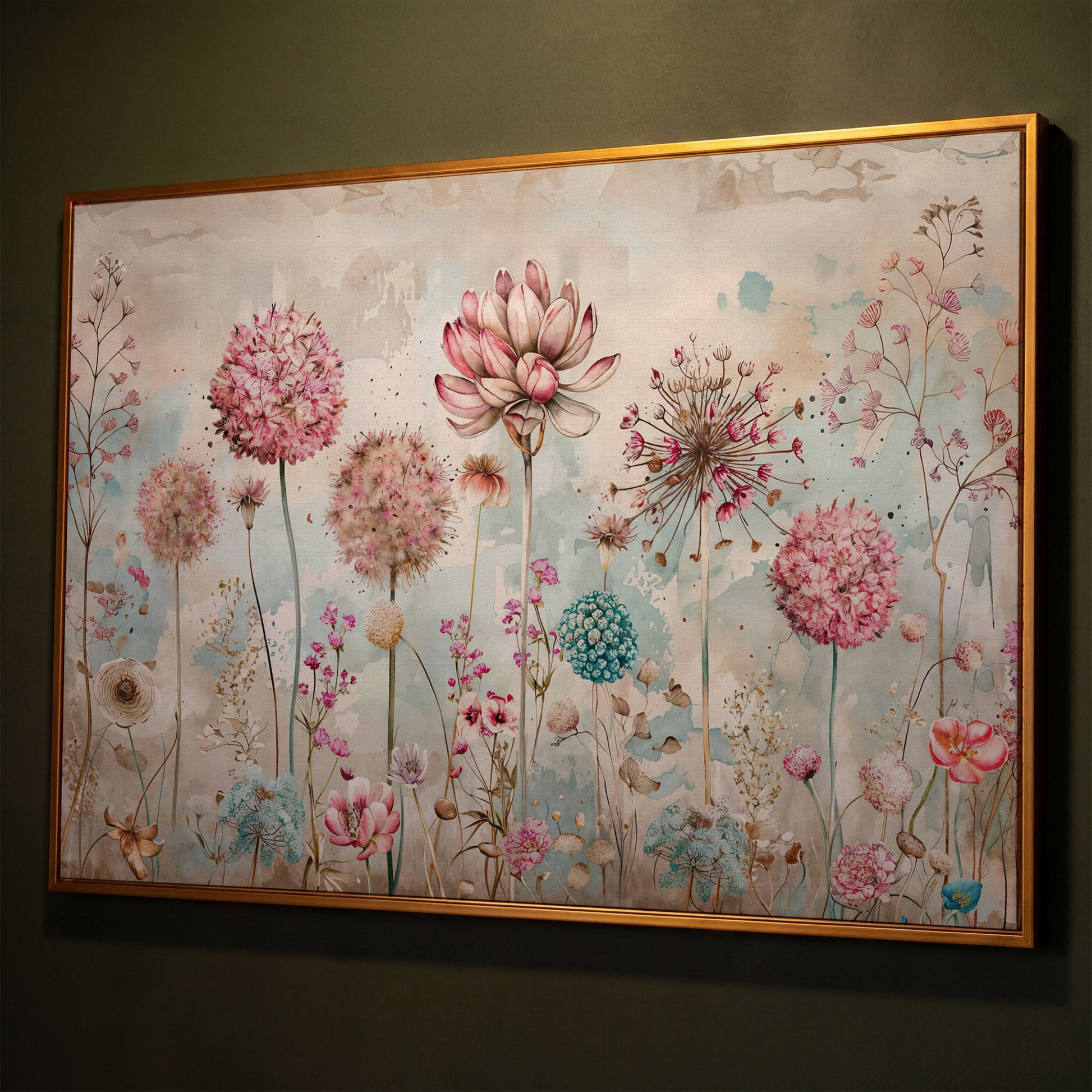 Elegant Floral Fantasy Garden Canvas Print shown in antique gold floating frame