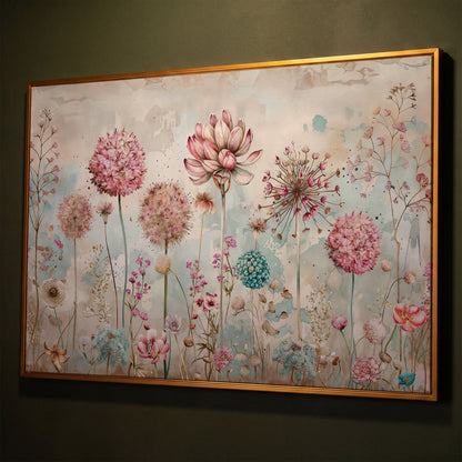 Elegant Floral Fantasy Garden Canvas Print shown in antique gold floating frame