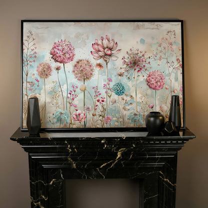 Elegant Floral Fantasy Garden Canvas Print in black floating frame