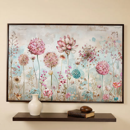 Elegant Floral Fantasy Garden Canvas Print in dark walnut floating frame