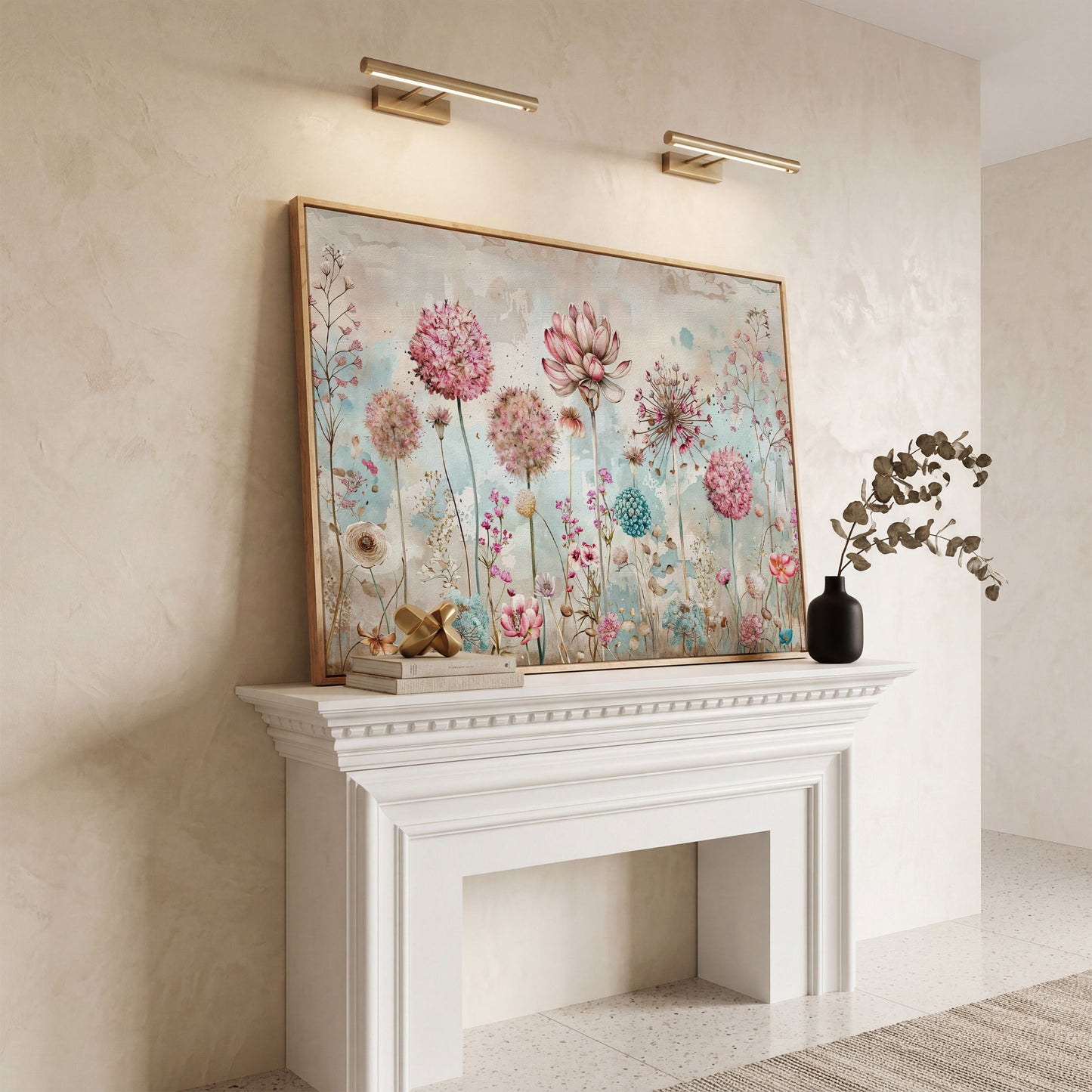 Elegant Floral Fantasy Garden Canvas Print in white oak floating frame