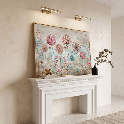Elegant Floral Fantasy Garden Canvas Print in white oak floating frame