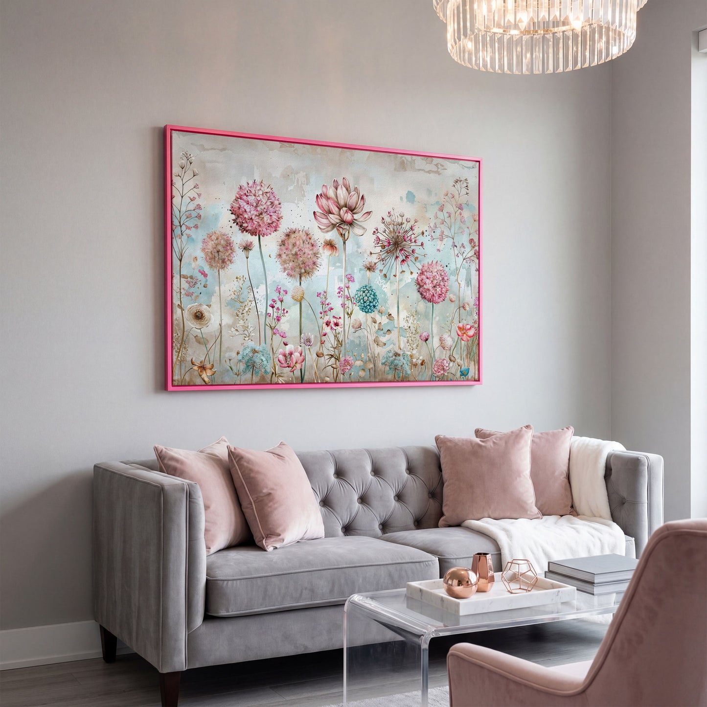 Elegant Floral Fantasy Garden Canvas Print in pink floating frame