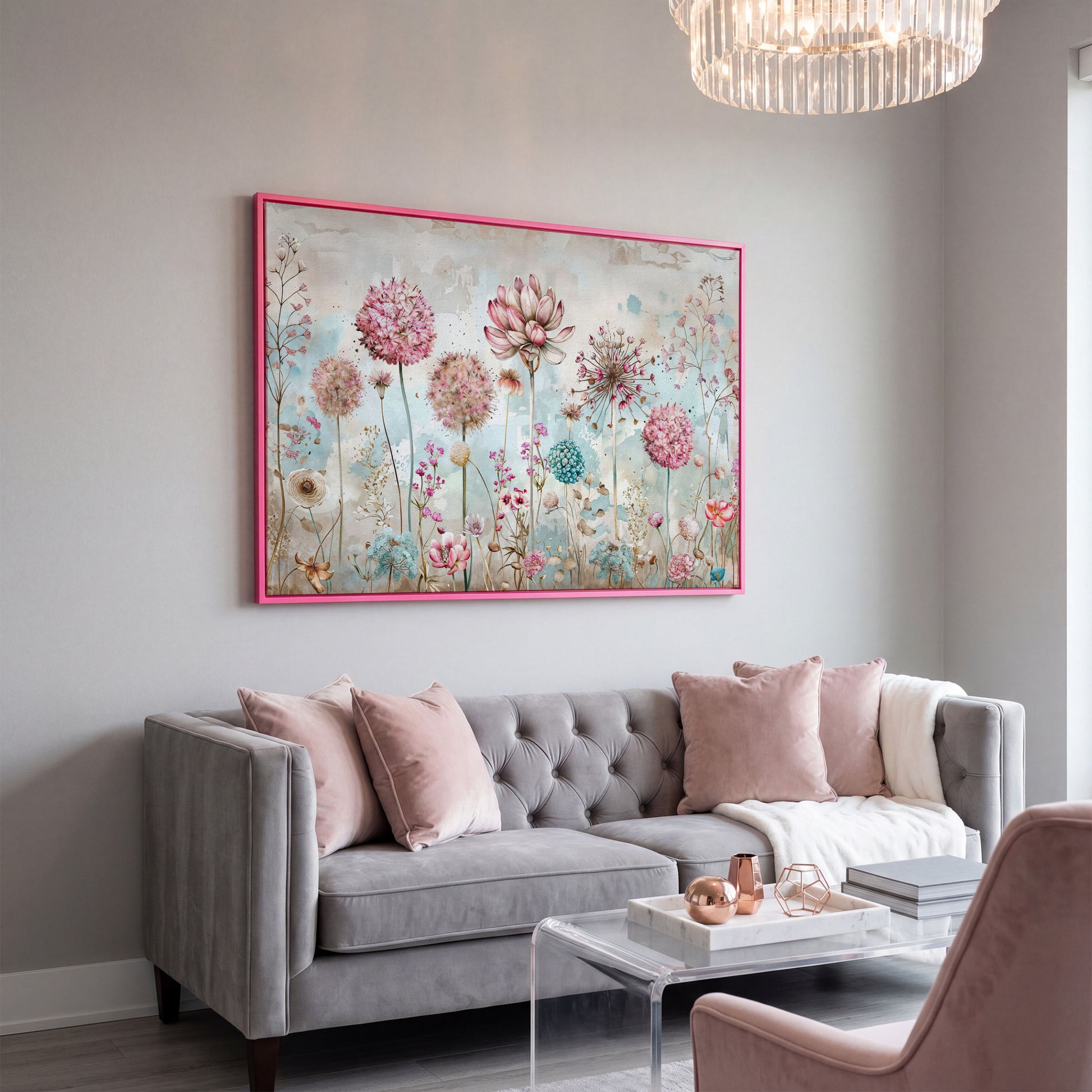 Elegant Floral Fantasy Garden Canvas Print in pink floating frame