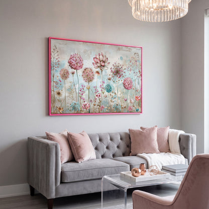 Elegant Floral Fantasy Garden Canvas Print in pink floating frame