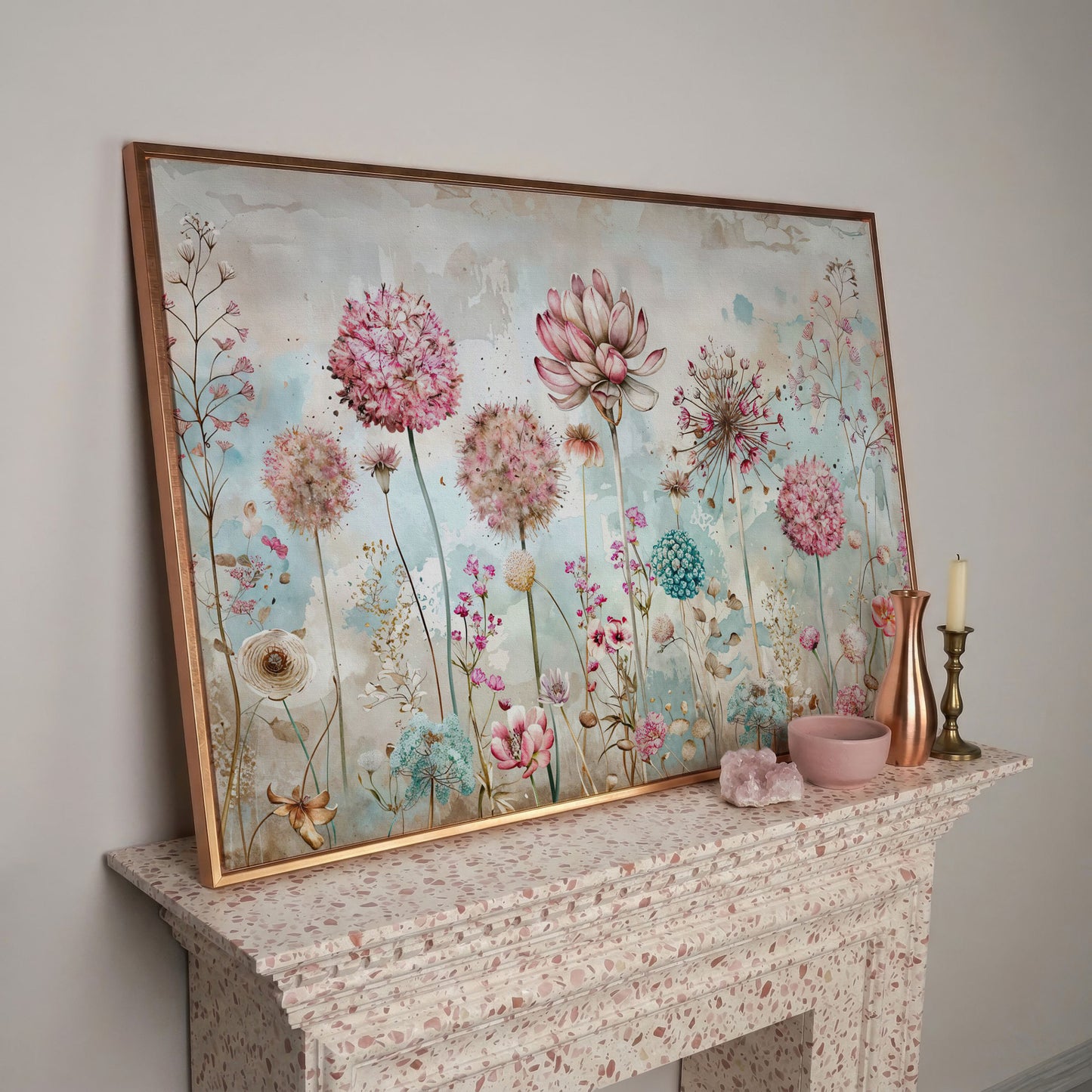 Elegant Floral Fantasy Garden Canvas Print in rose gold floating frame