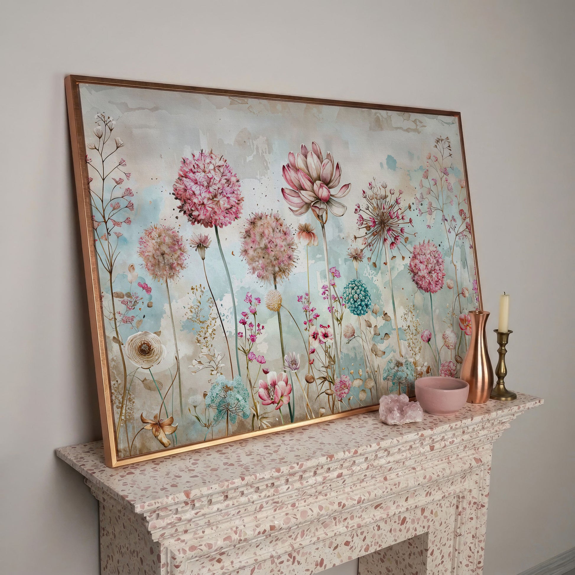 Elegant Floral Fantasy Garden Canvas Print in rose gold floating frame