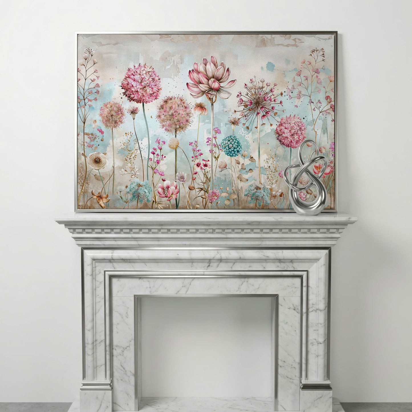 Elegant Floral Fantasy Garden Canvas Print in silver floating frame