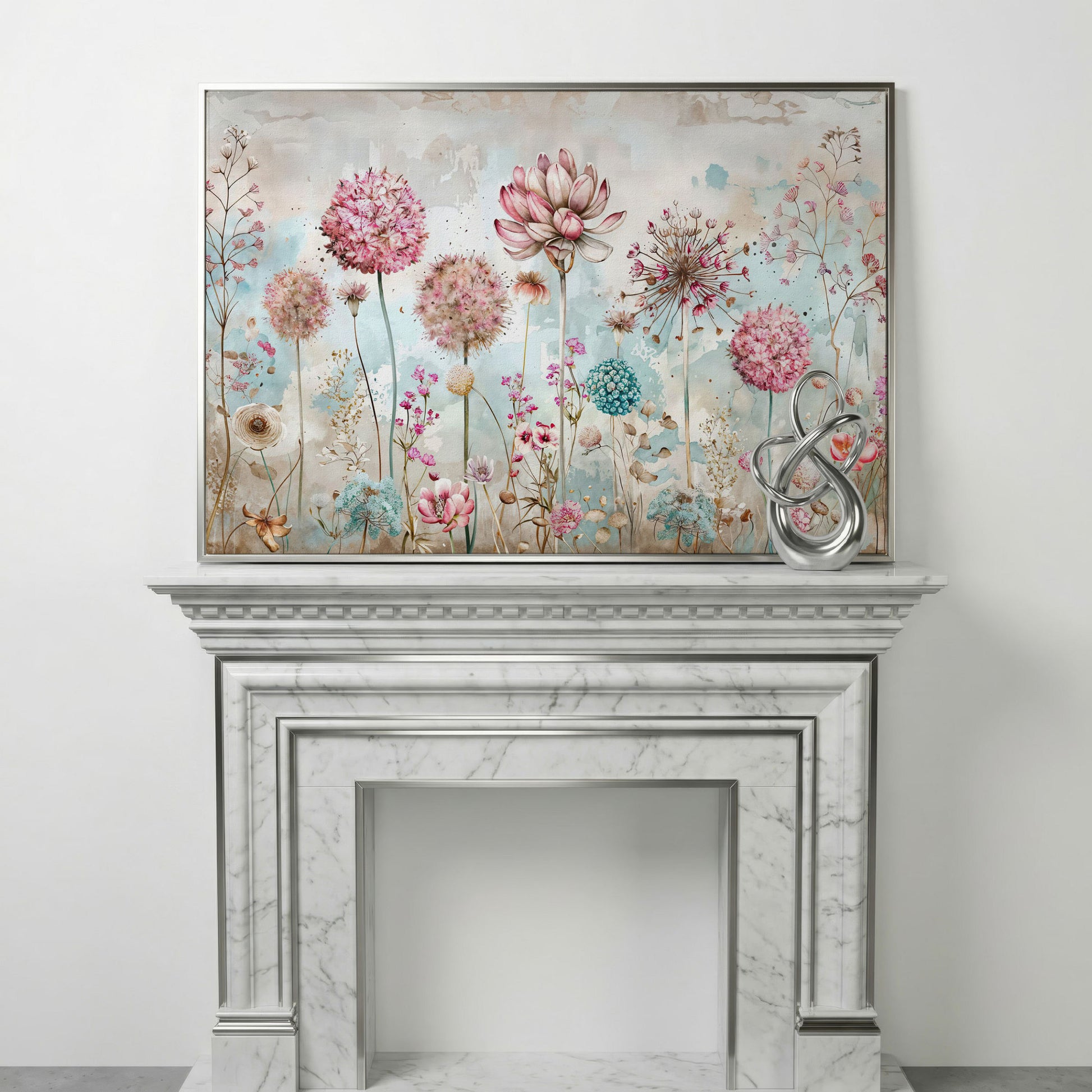 Elegant Floral Fantasy Garden Canvas Print in silver floating frame