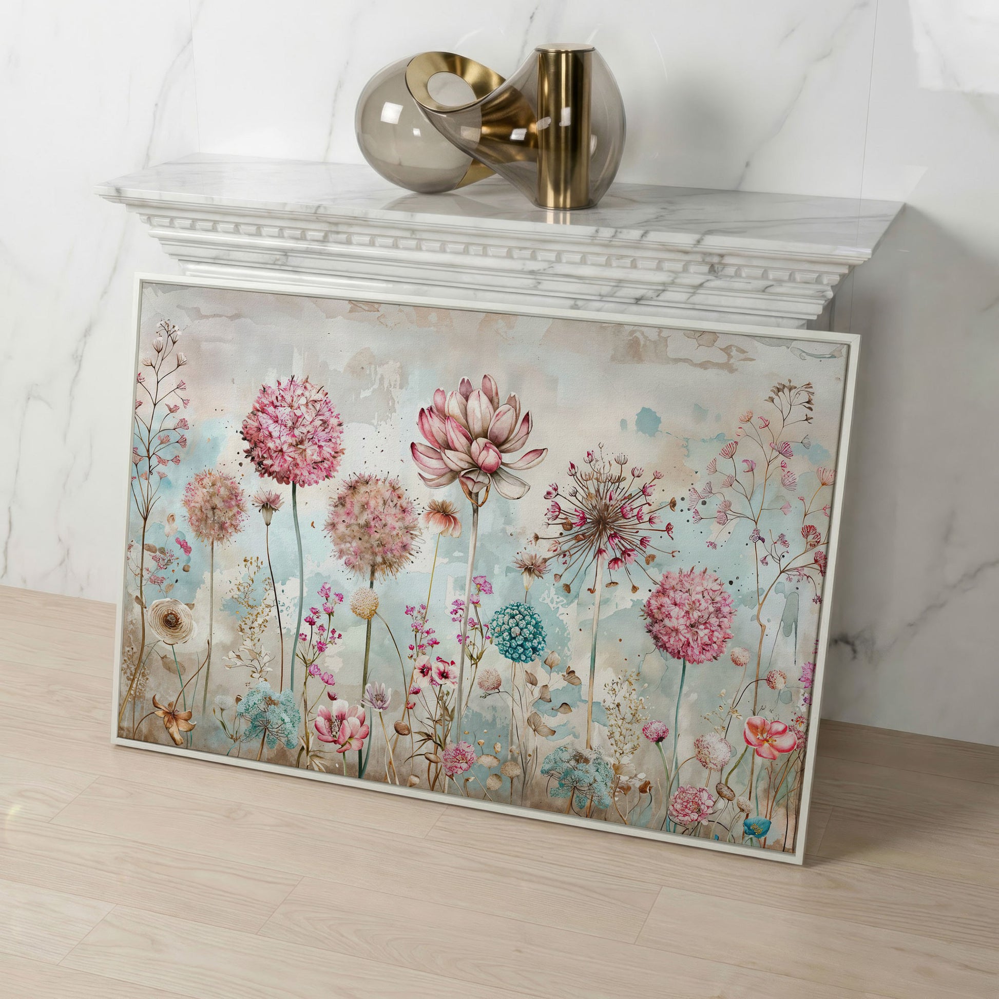 Elegant Floral Fantasy Garden Canvas Print in white floating frame