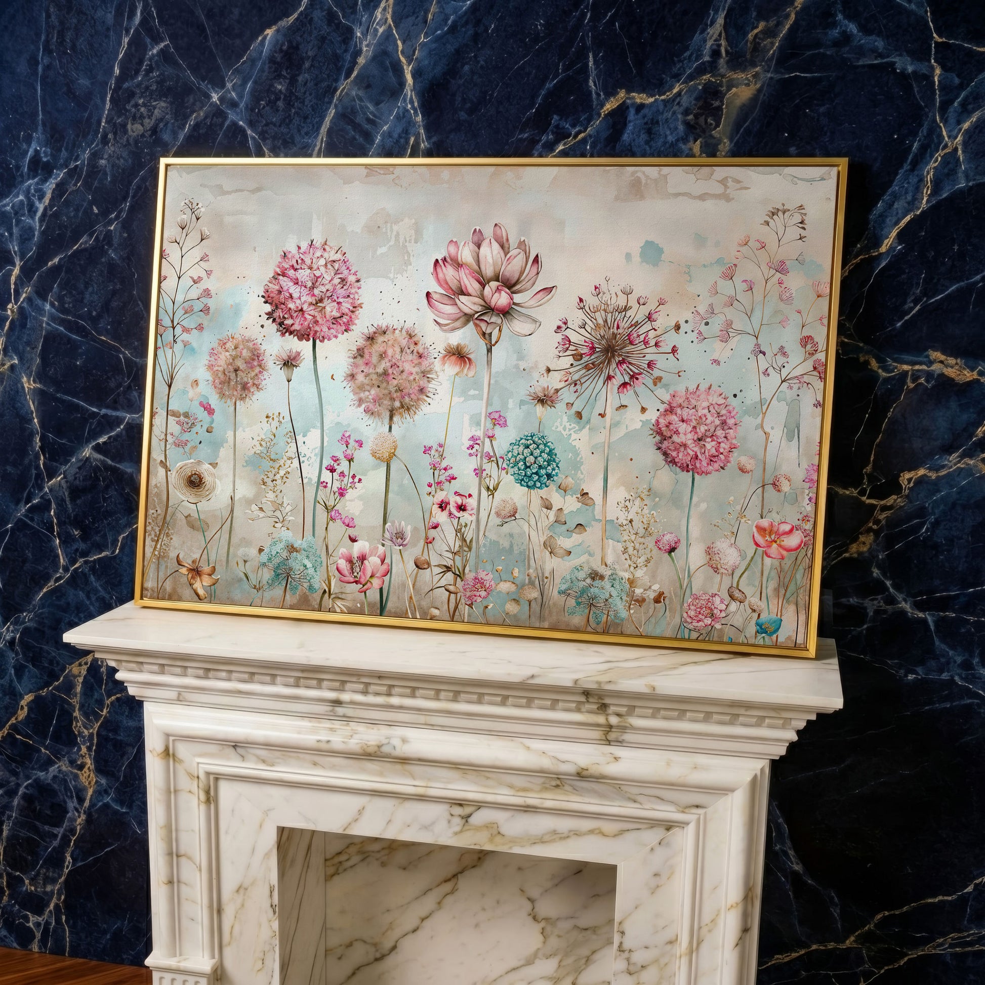 Elegant Floral Fantasy Garden Canvas Print in yellow gold floating frame