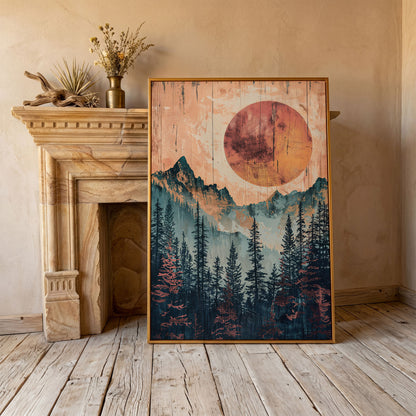 Abstract Pine Forest and Sun Mountain Canvas Wall Art in antique gold floating frame