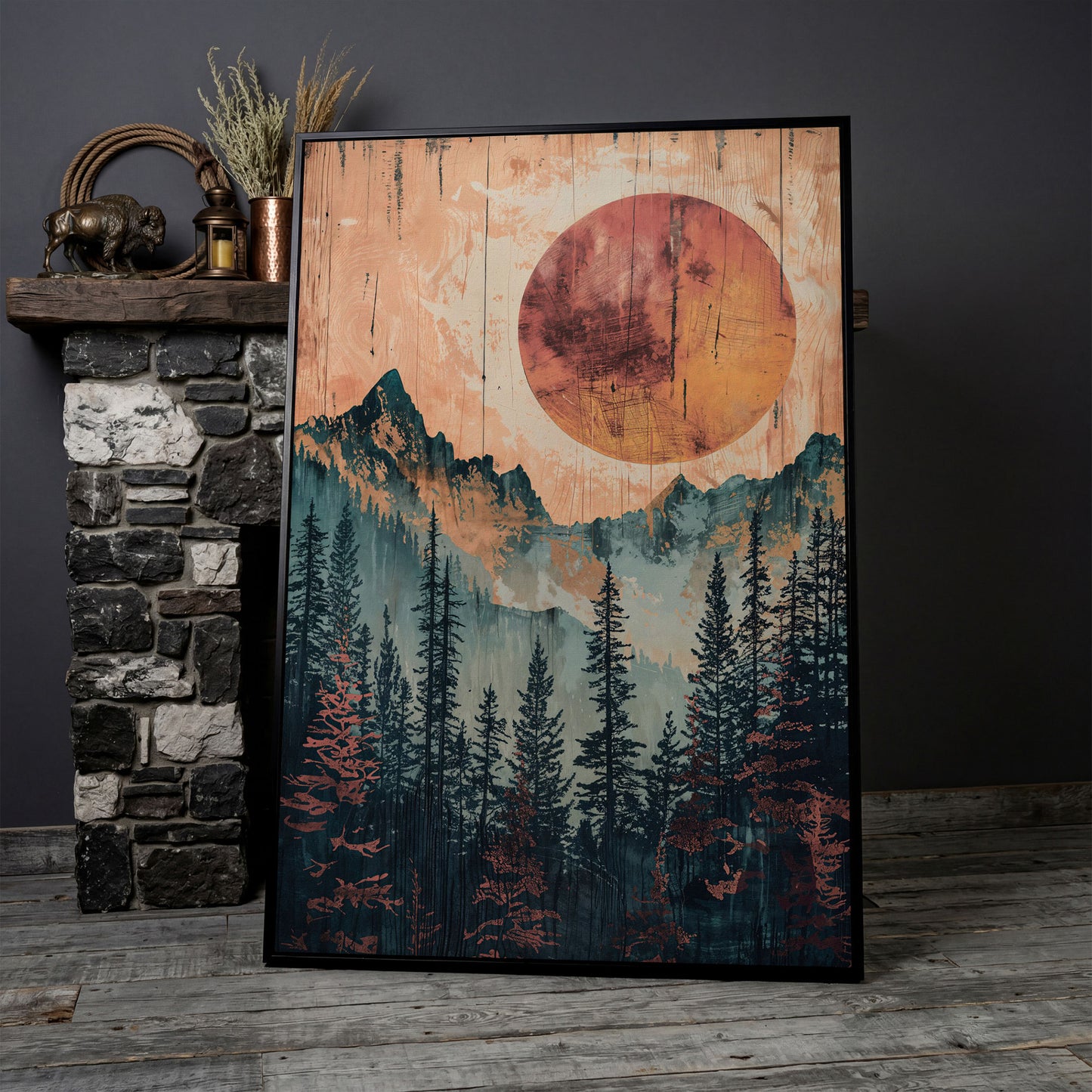 Abstract Pine Forest and Sun Mountain Canvas Wall Art in black floating frame