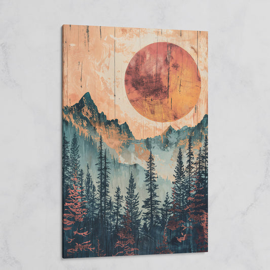 Abstract Pine Forest and Sun Mountain Canvas Wall Art on gallery wrap