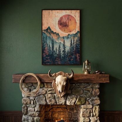 Abstract Pine Forest and Sun Mountain Canvas Wall Art in dark walnut floating frame