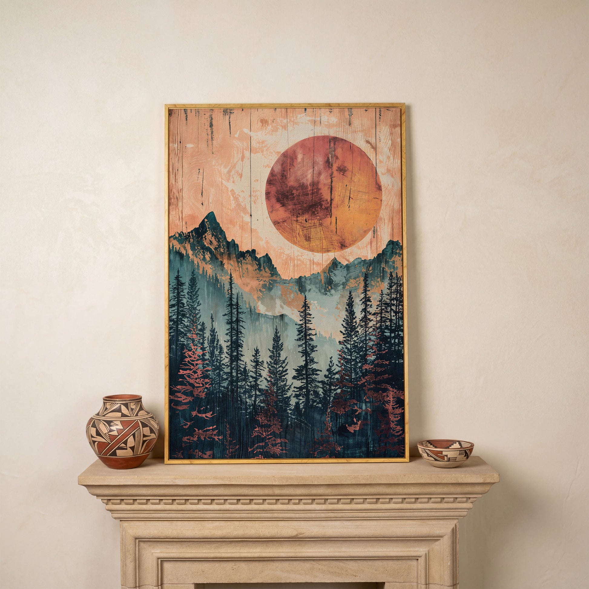 Abstract Pine Forest and Sun Mountain Canvas Wall Art in white oak floating frame