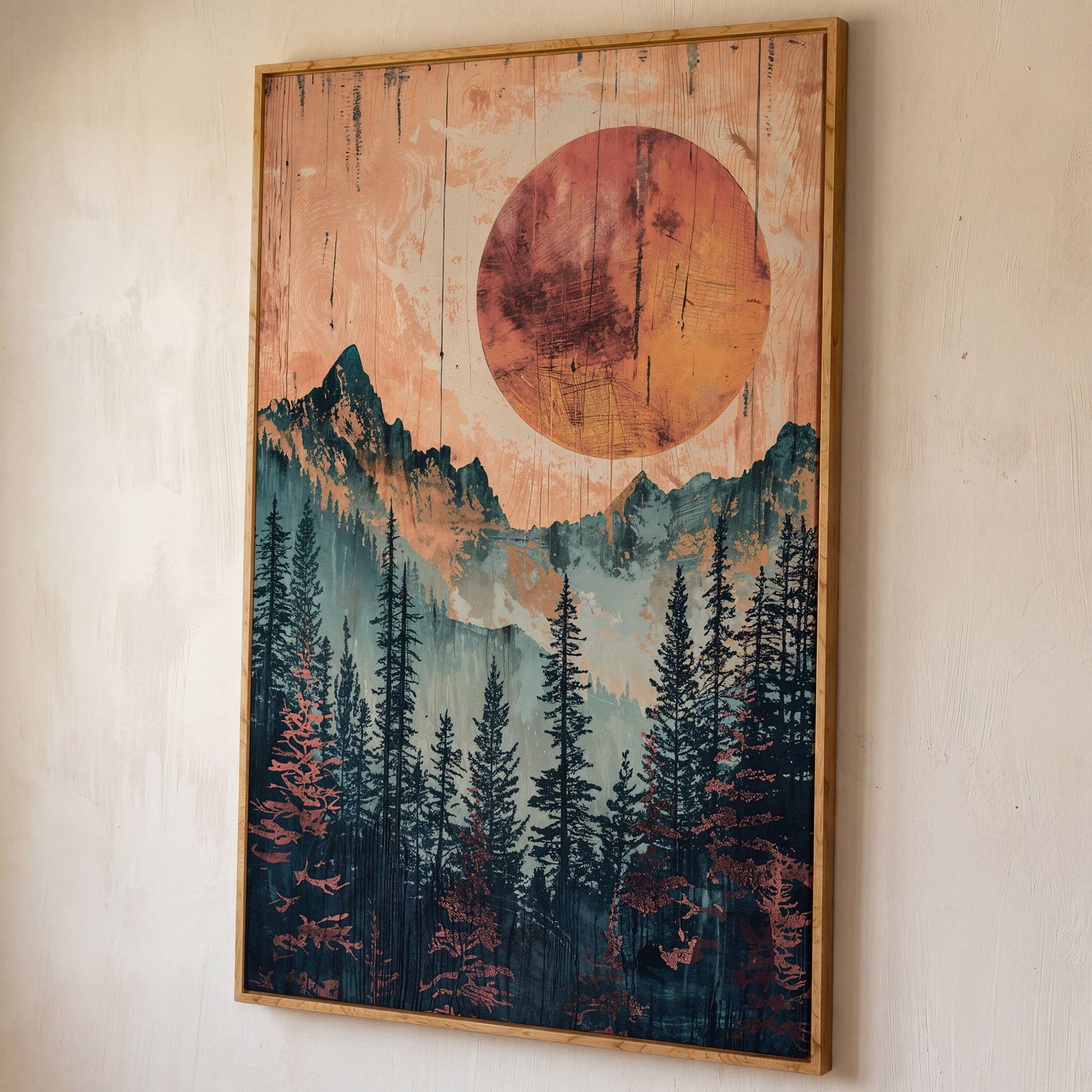 Abstract Pine Forest and Sun Mountain Canvas Wall Art shown in white oak floating frame
