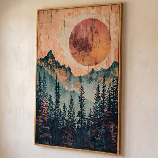 Abstract Pine Forest and Sun Mountain Canvas Wall Art shown in white oak floating frame