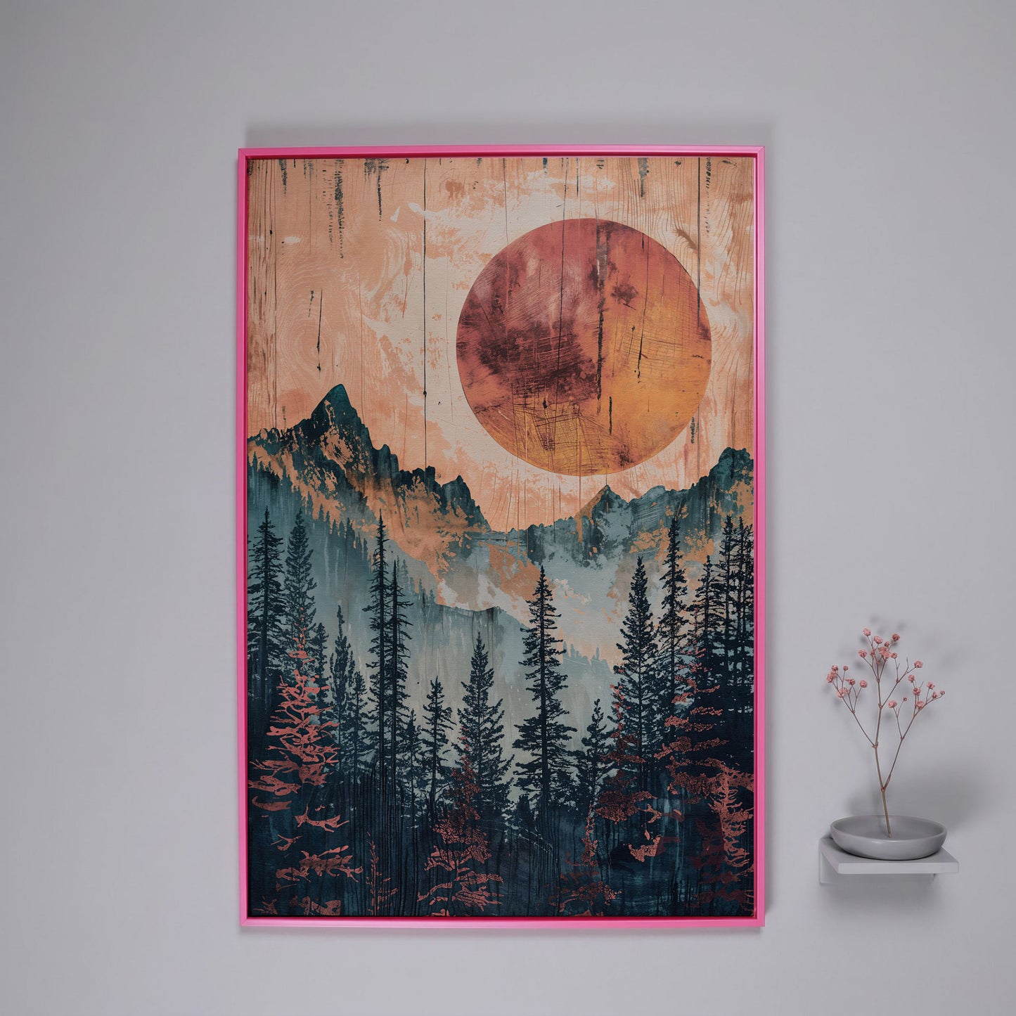 Abstract Pine Forest and Sun Mountain Canvas Wall Art in pink floating frame