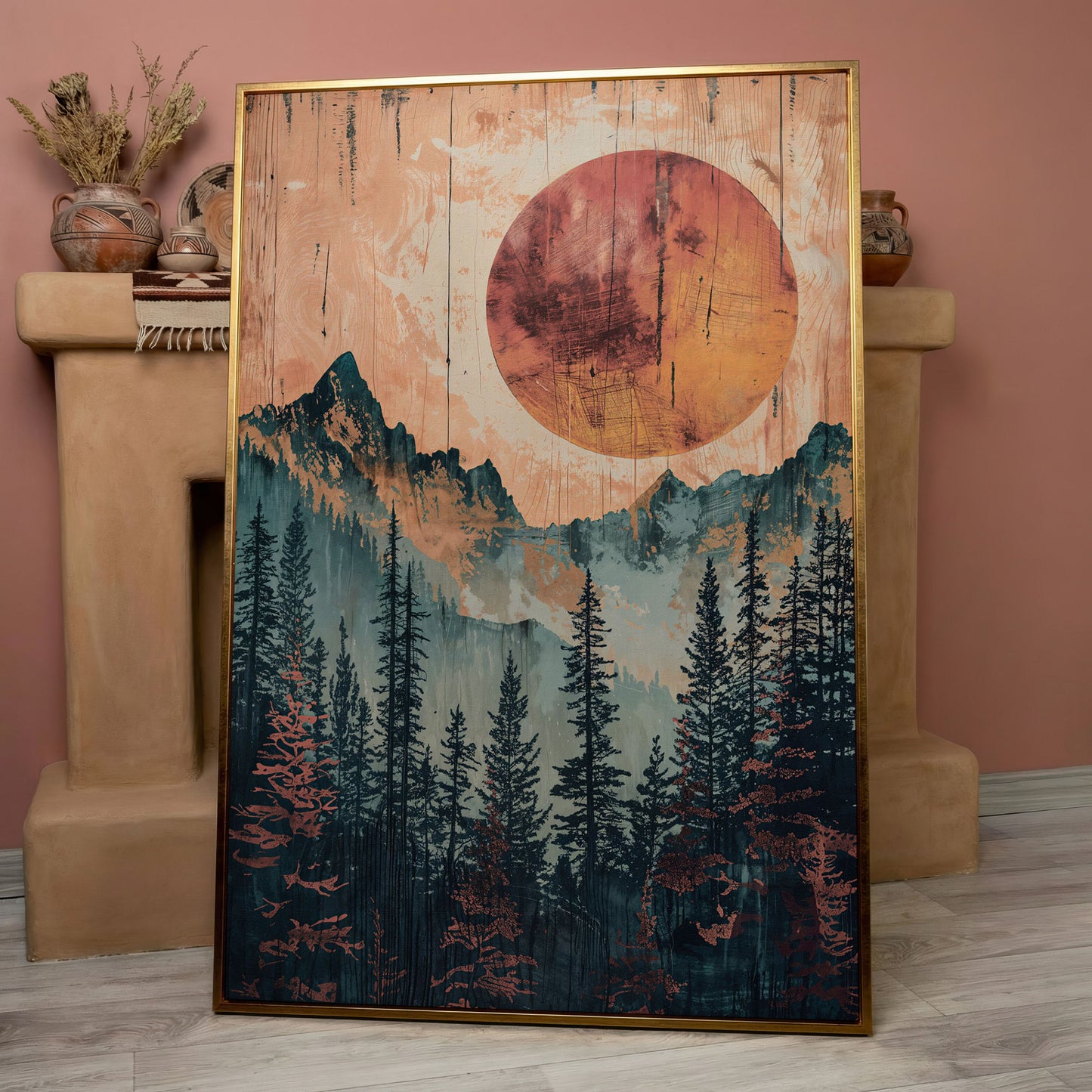 Abstract Pine Forest and Sun Mountain Canvas Wall Art in rose gold floating frame