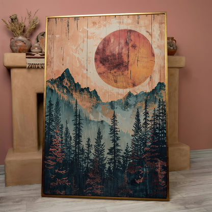 Abstract Pine Forest and Sun Mountain Canvas Wall Art in rose gold floating frame