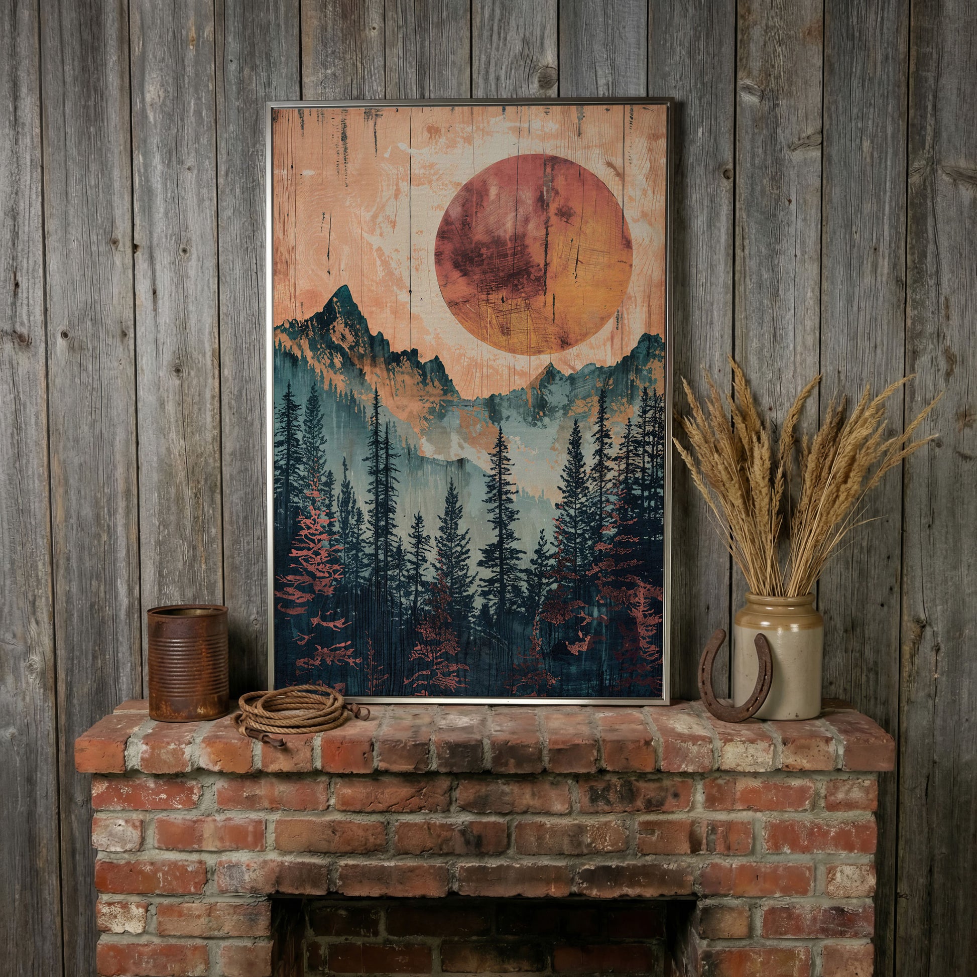 Abstract Pine Forest and Sun Mountain Canvas Wall Art in silver floating frame
