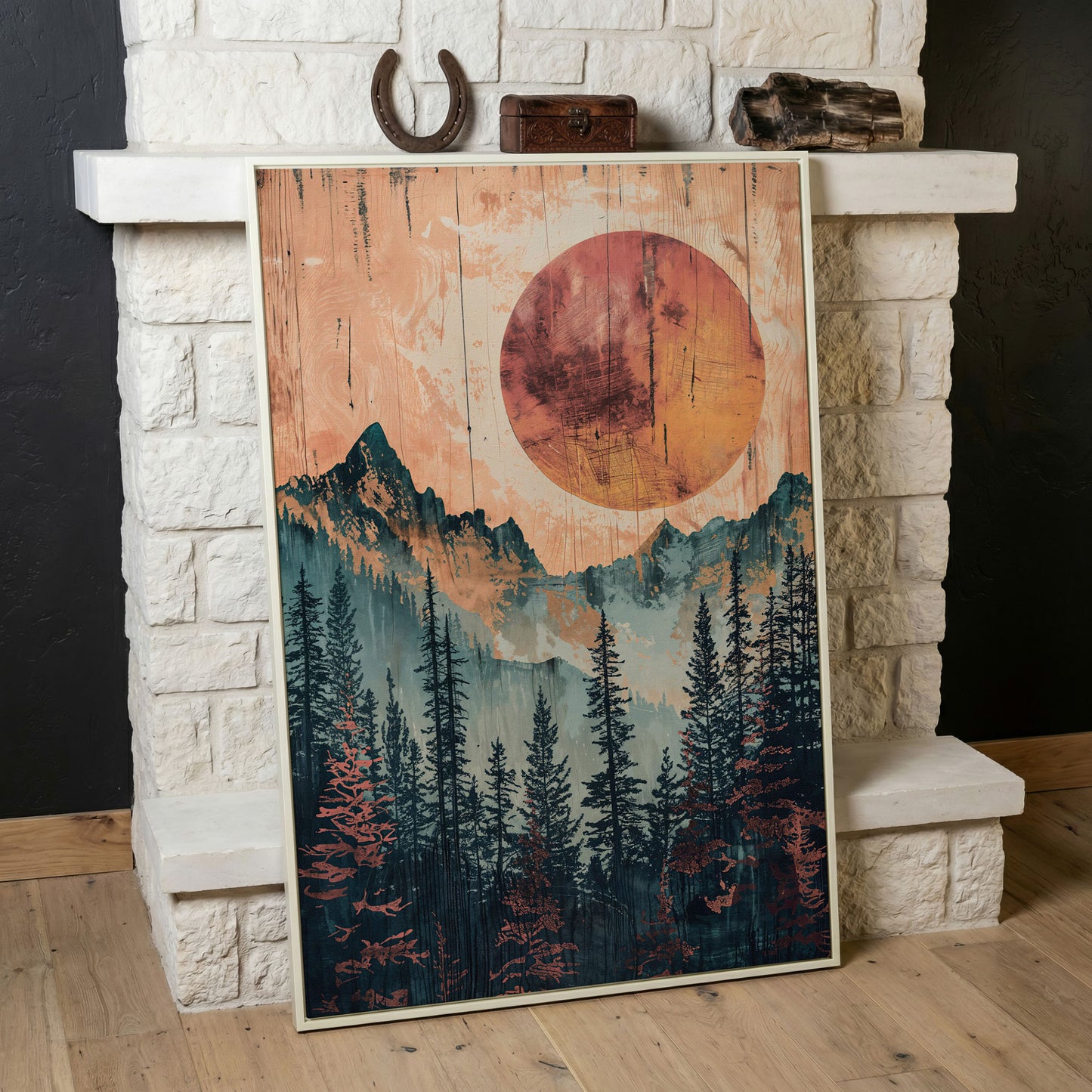Abstract Pine Forest and Sun Mountain Canvas Wall Art in white floating frame