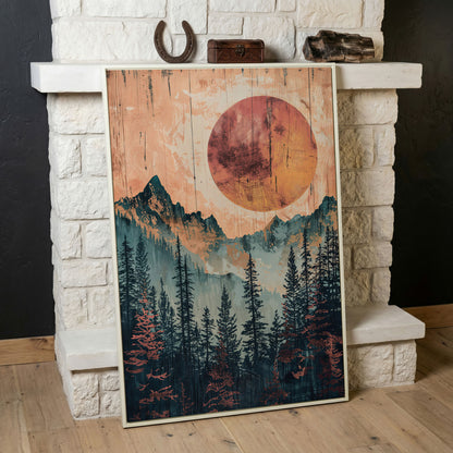 Abstract Pine Forest and Sun Mountain Canvas Wall Art in white floating frame
