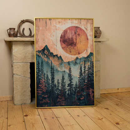 Abstract Pine Forest and Sun Mountain Canvas Wall Art in yellow gold floating frame