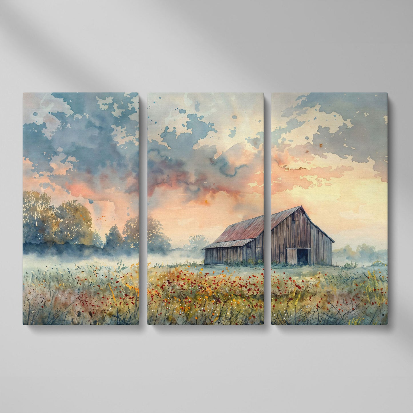 Scenic Rural Barn with Wildflowers Canvas Print as 3-panel split version