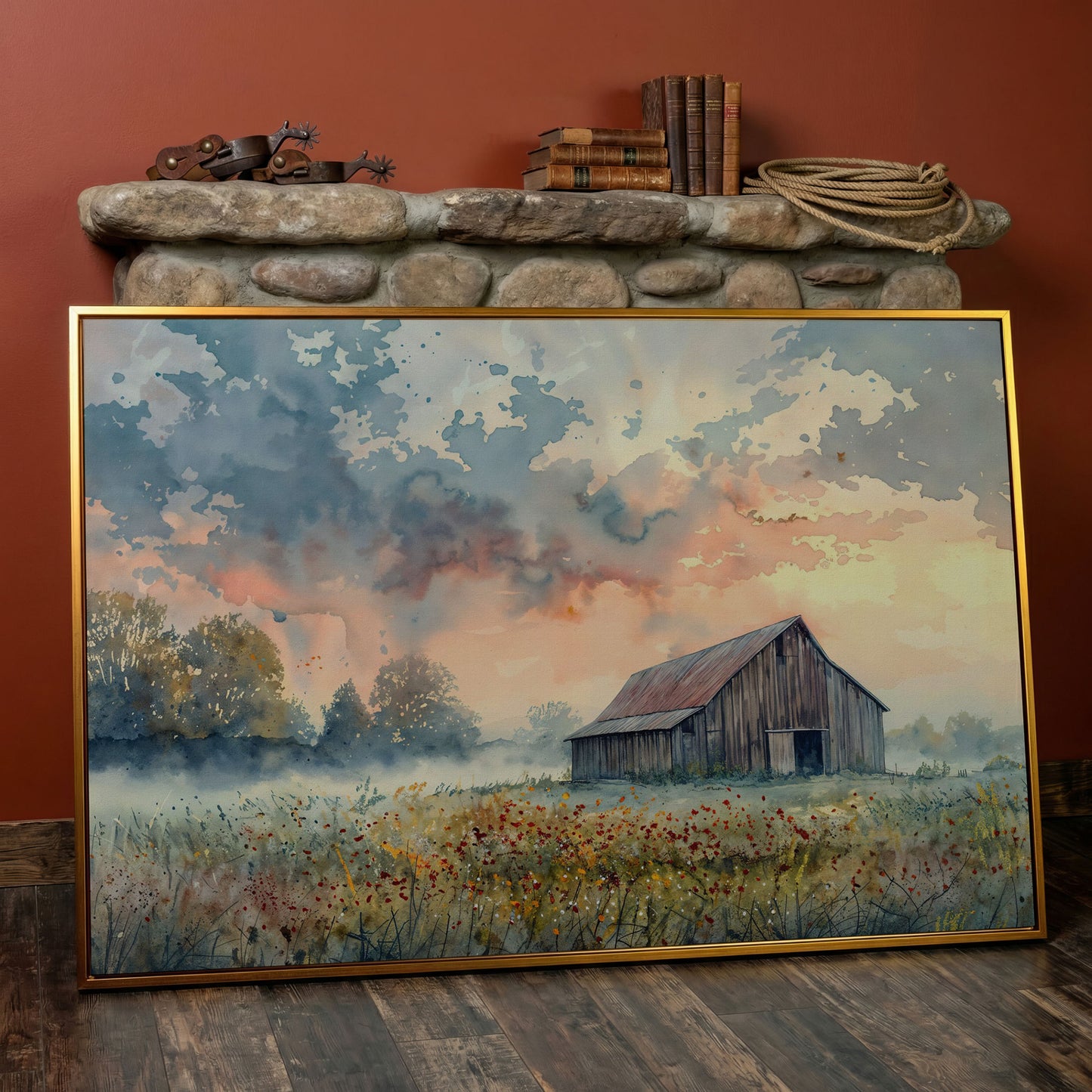 Scenic Rural Barn with Wildflowers Canvas Print in antique gold floating frame