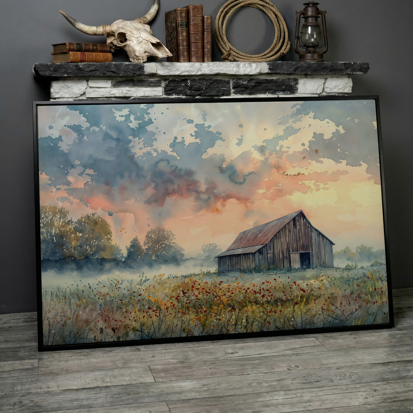 Scenic Rural Barn with Wildflowers Canvas Print in black floating frame