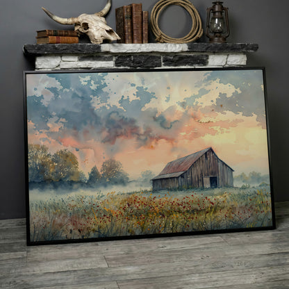 Scenic Rural Barn with Wildflowers Canvas Print in black floating frame