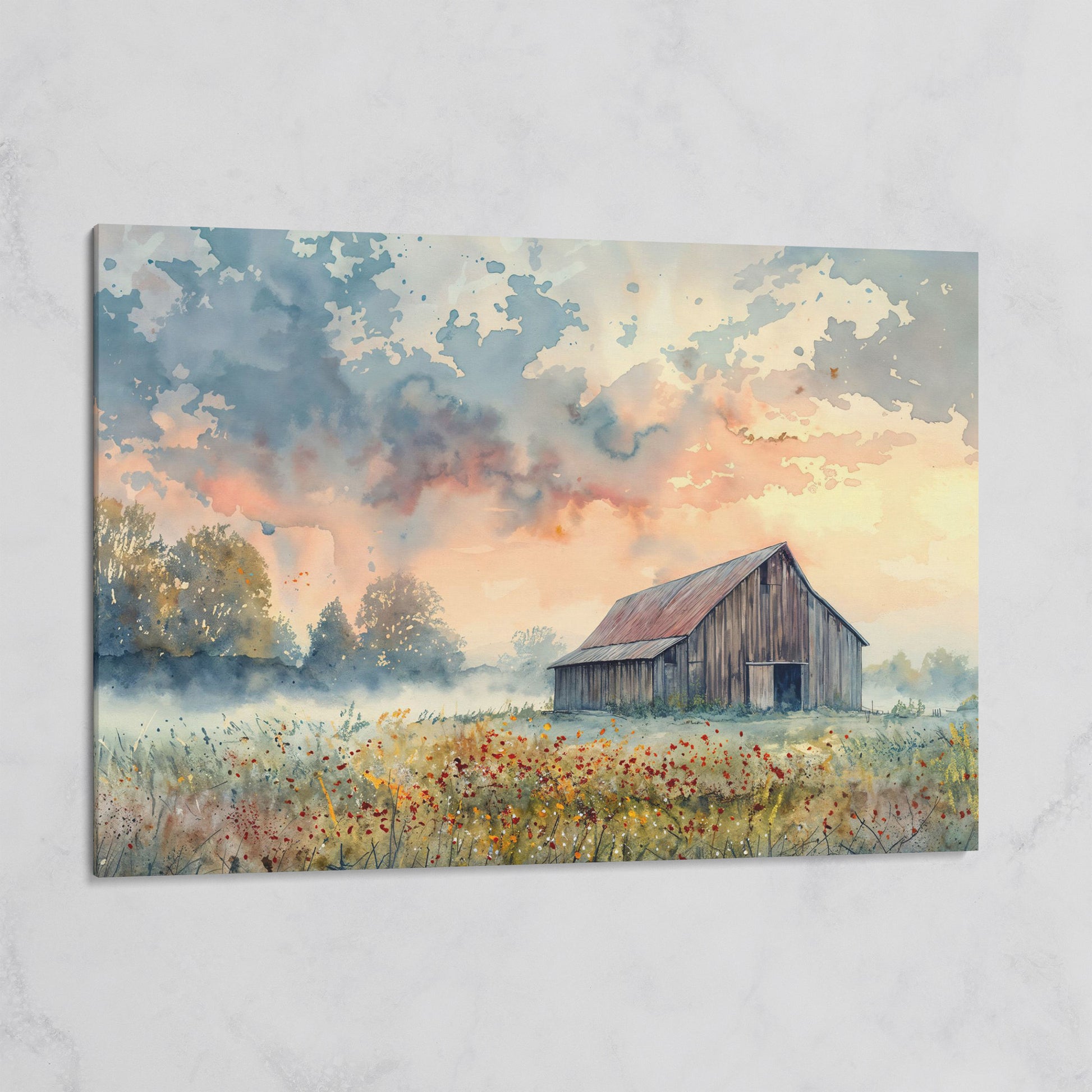 Scenic Rural Barn with Wildflowers Canvas Print on gallery wrap