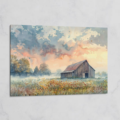 Scenic Rural Barn with Wildflowers Canvas Print on gallery wrap