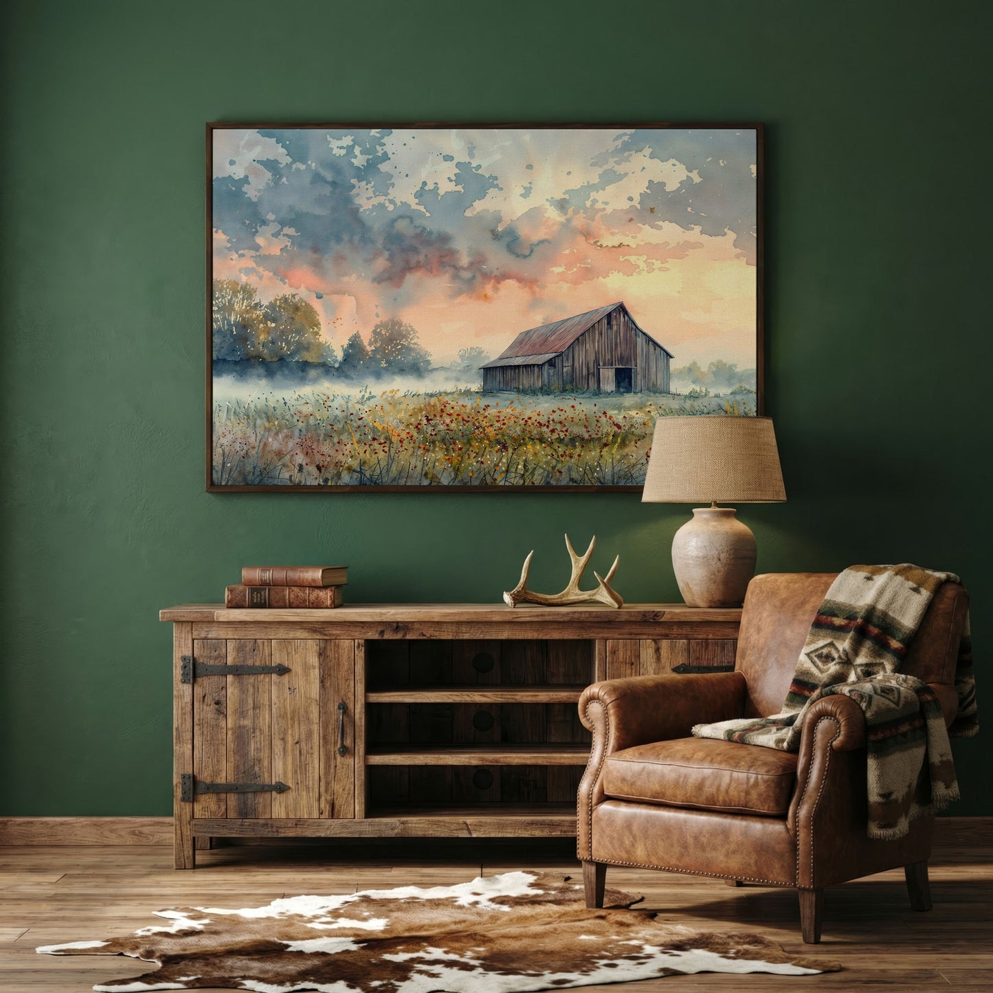 Scenic Rural Barn with Wildflowers Canvas Print in dark walnut floating frame