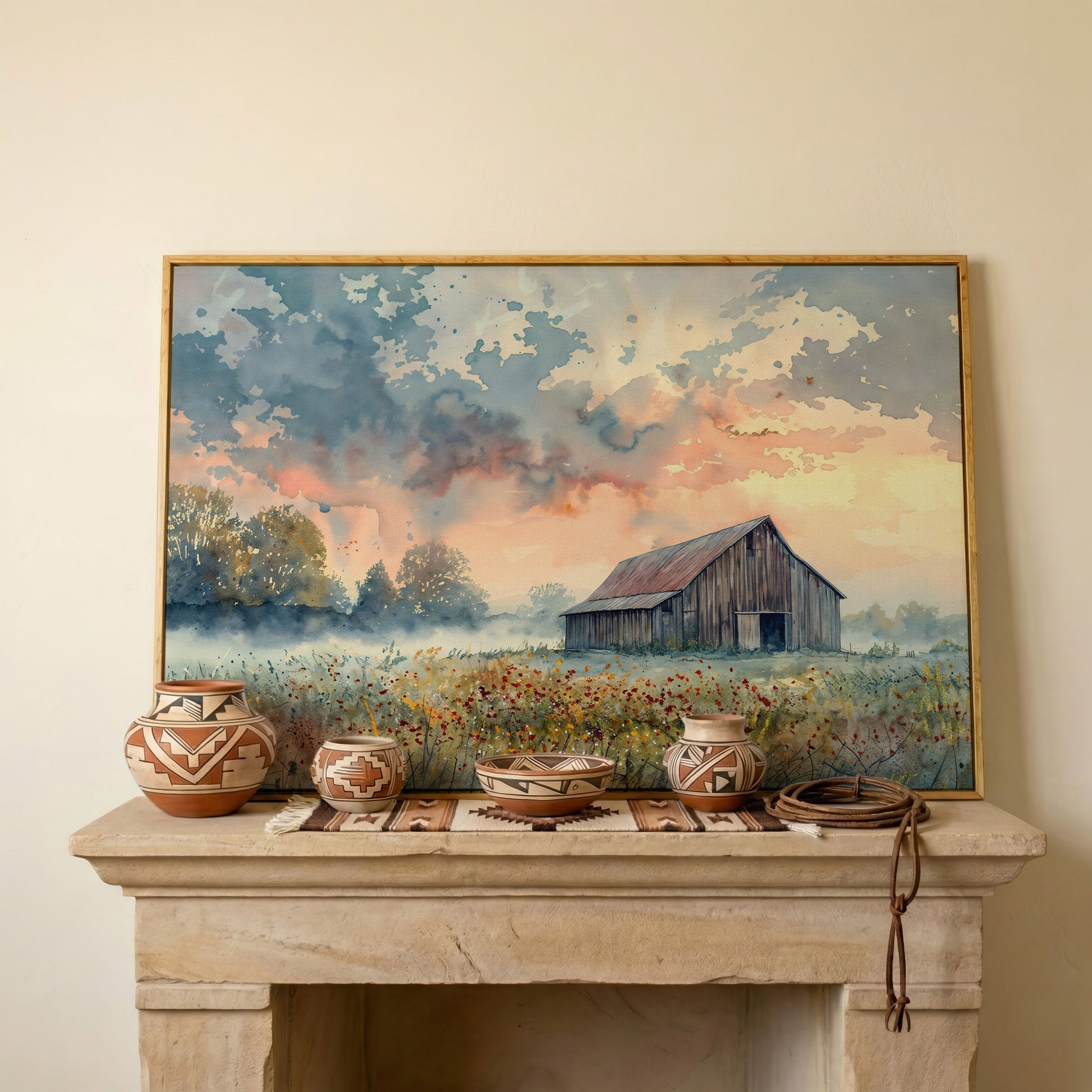Scenic Rural Barn with Wildflowers Canvas Print in white oak floating frame