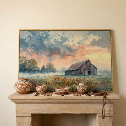 Scenic Rural Barn with Wildflowers Canvas Print in white oak floating frame