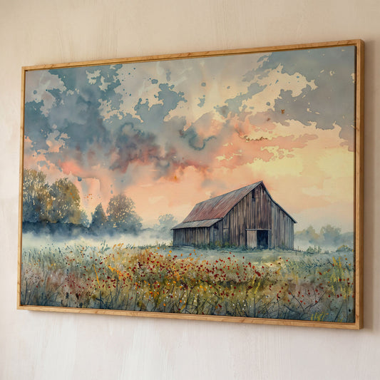 Scenic Rural Barn with Wildflowers Canvas Print shown in white oak floating frame