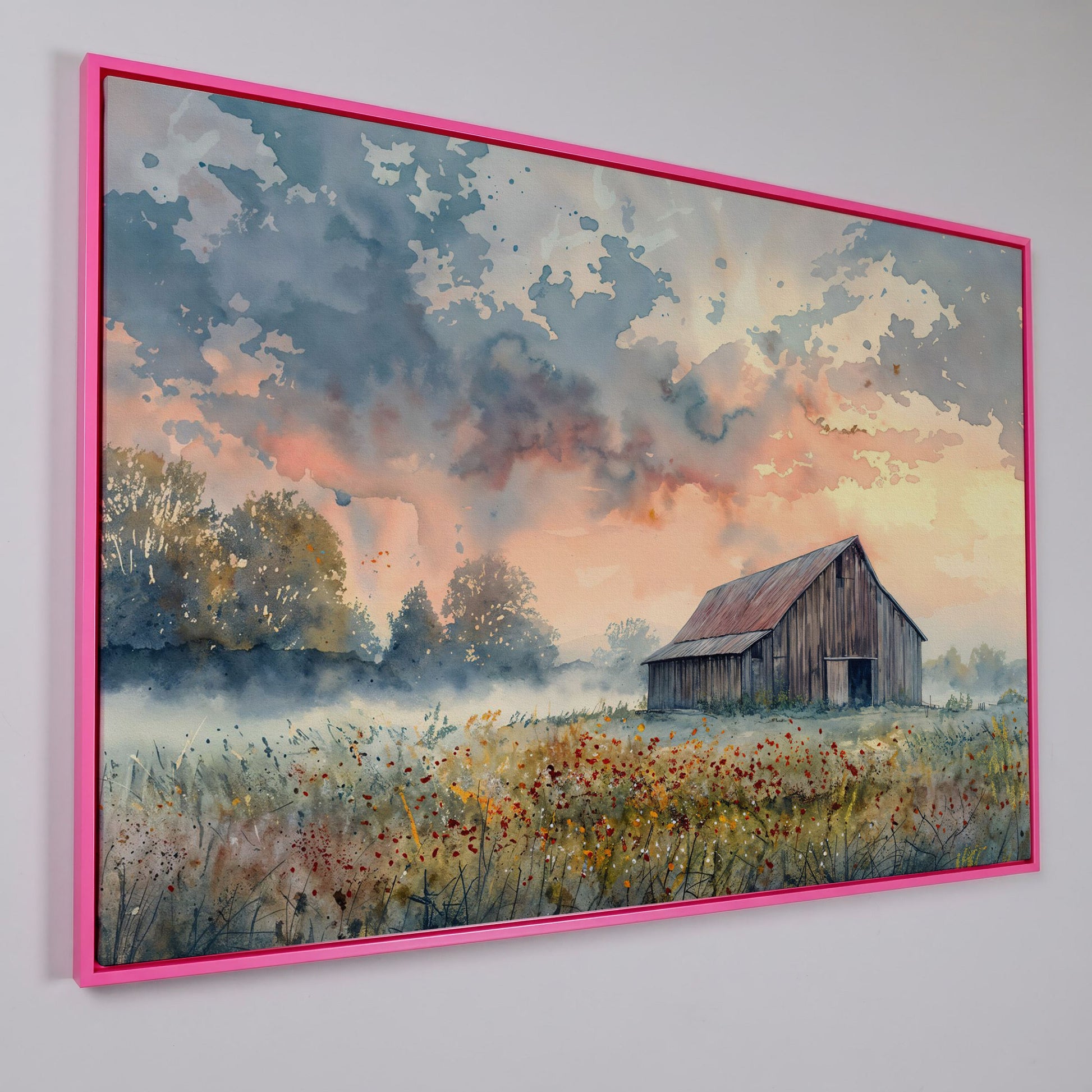 Scenic Rural Barn with Wildflowers Canvas Print in pink floating frame