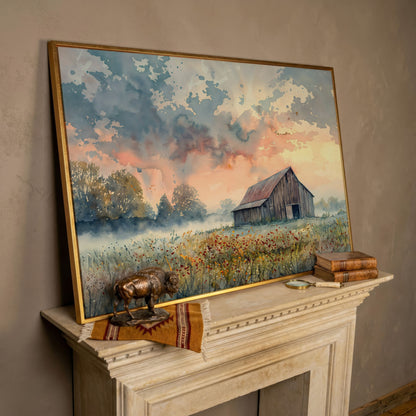 Scenic Rural Barn with Wildflowers Canvas Print in rose gold floating frame