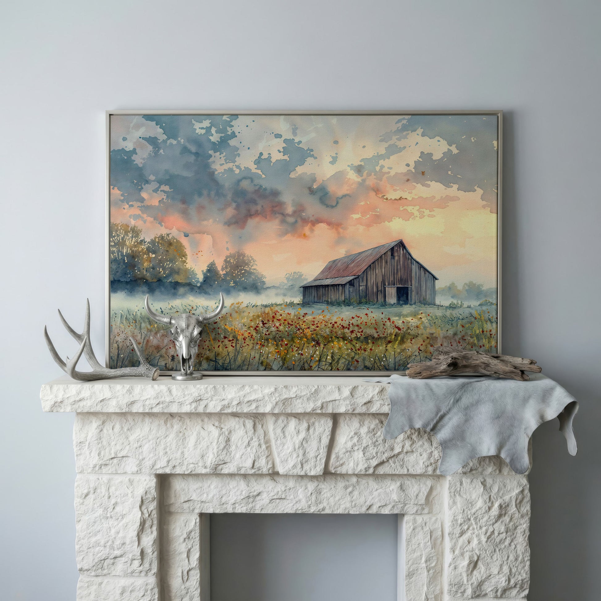 Scenic Rural Barn with Wildflowers Canvas Print in silver floating frame