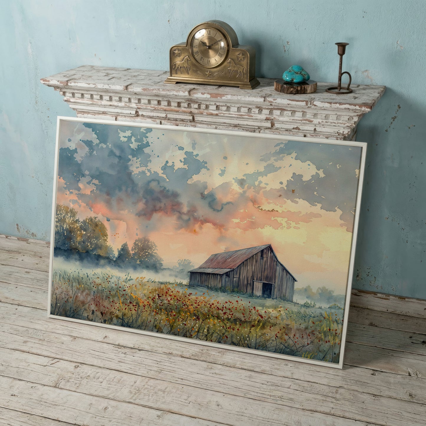 Scenic Rural Barn with Wildflowers Canvas Print in white floating frame