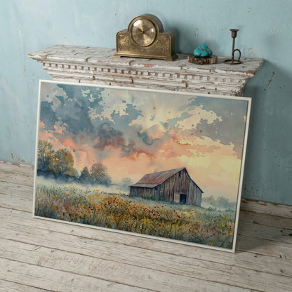 Scenic Rural Barn with Wildflowers Canvas Print in white floating frame