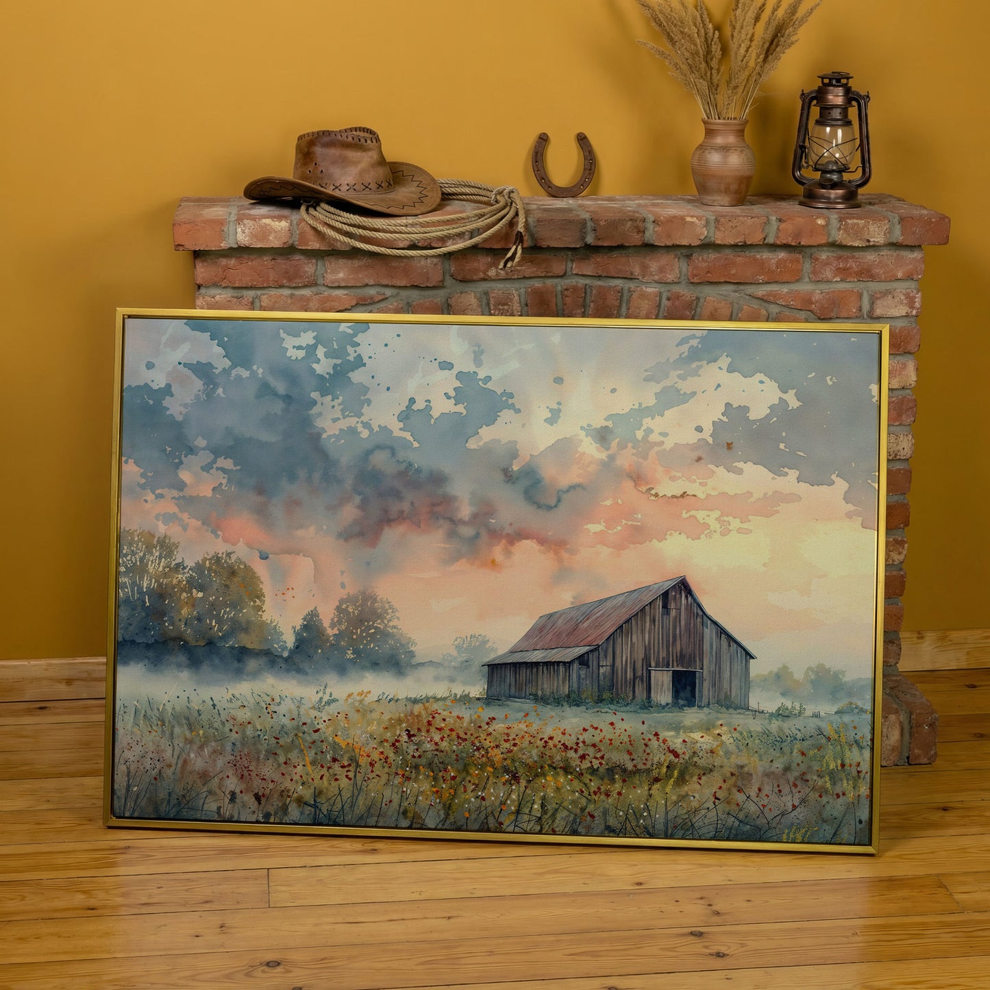 Scenic Rural Barn with Wildflowers Canvas Print in yellow gold floating frame