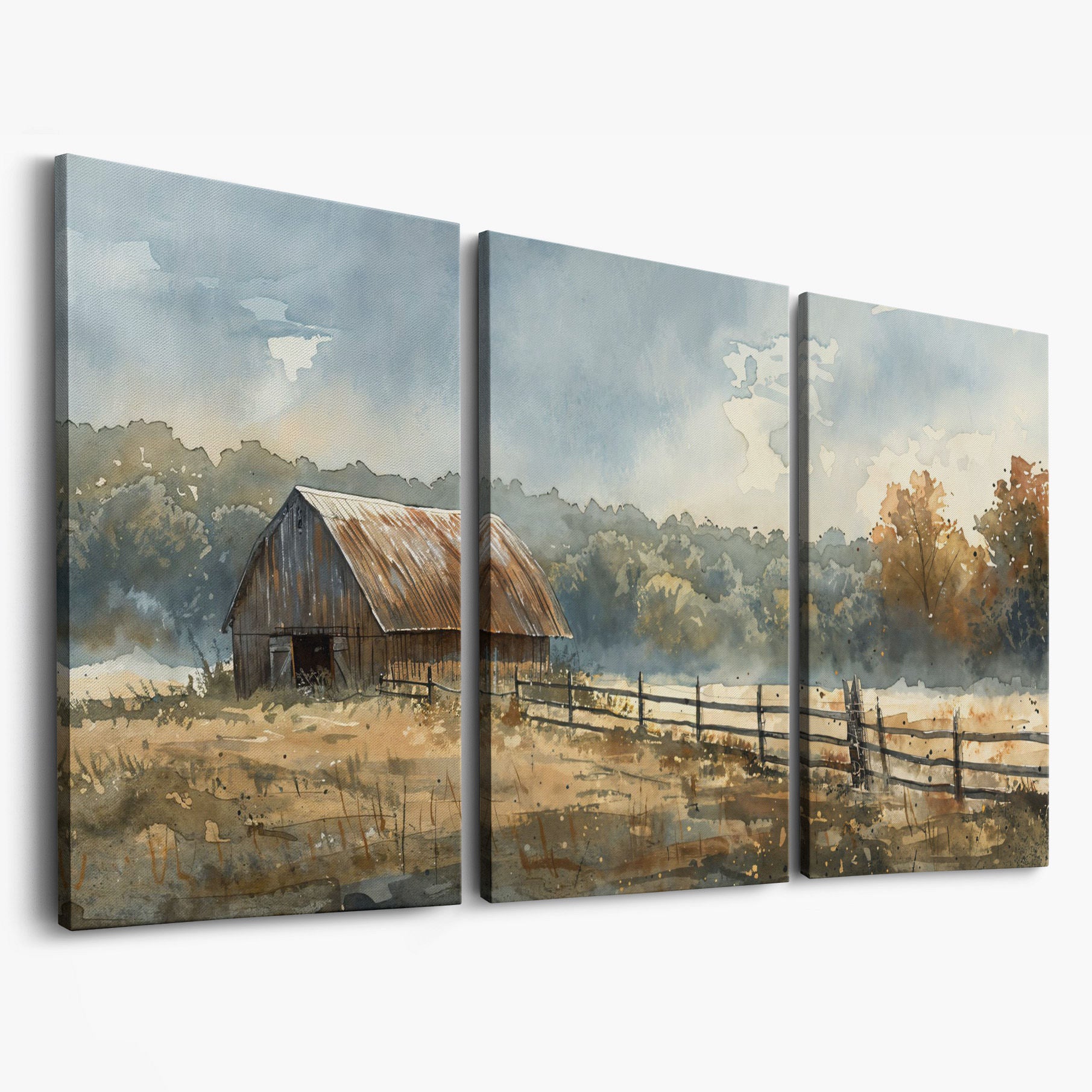 Rustic Autumn Country Barn Canvas as 3-panel split version