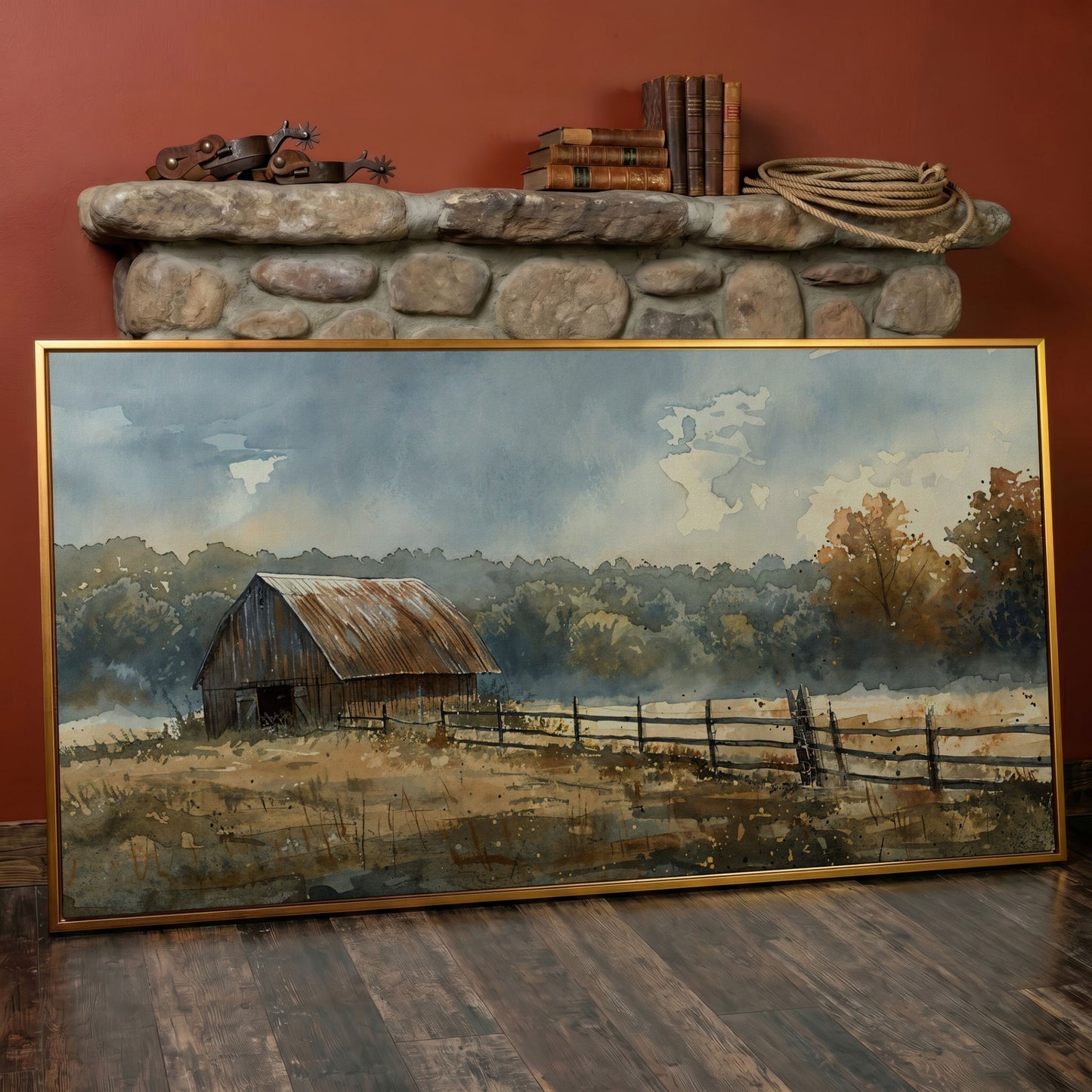 Rustic Autumn Country Barn Canvas in antique gold floating frame