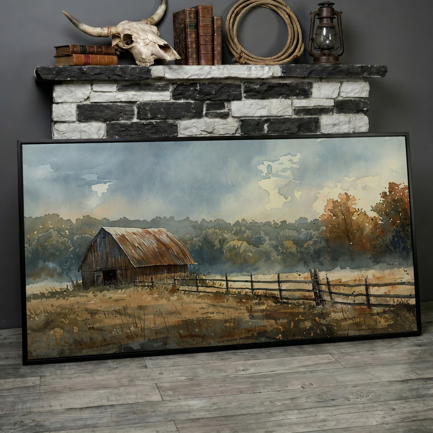 Rustic Autumn Country Barn Canvas in black floating frame