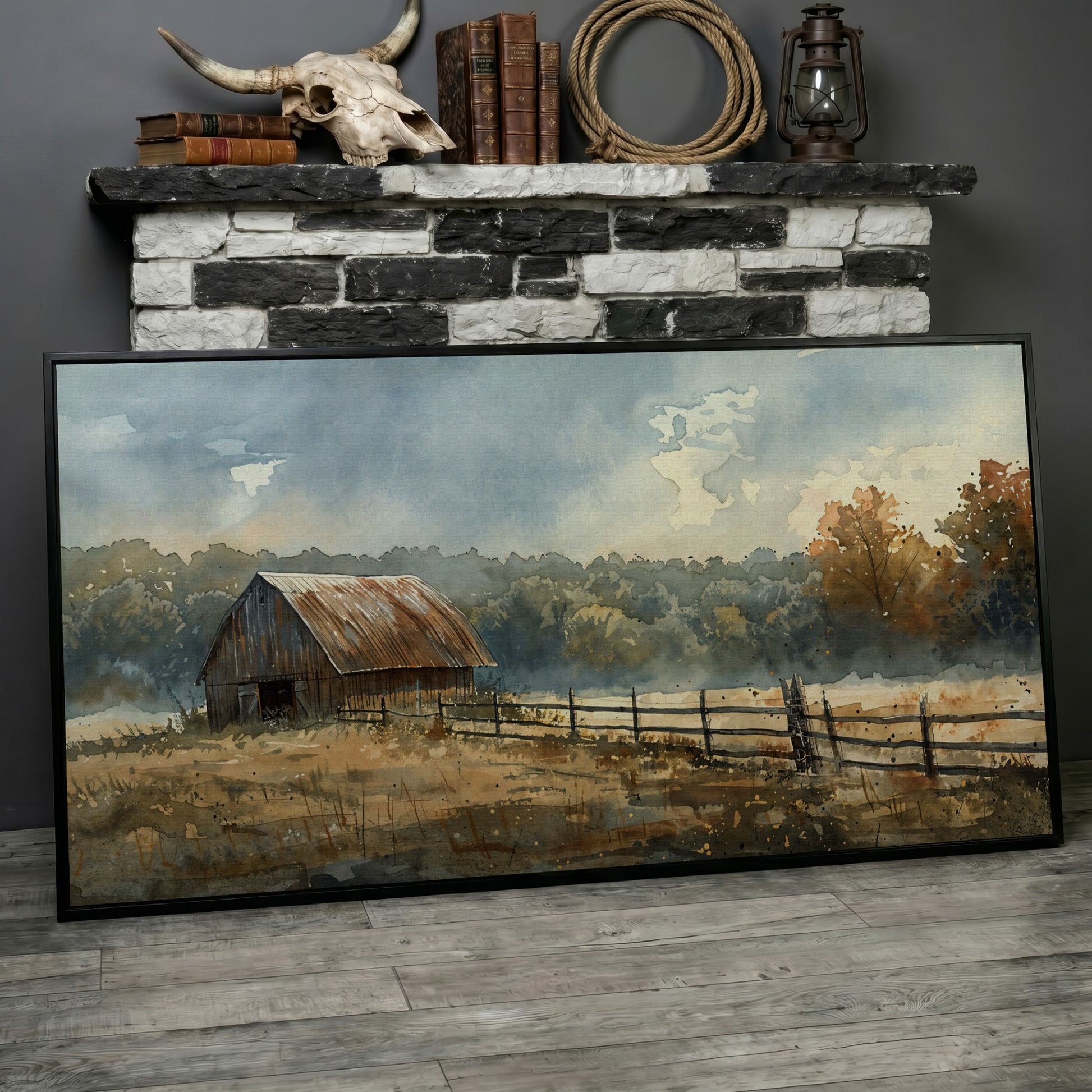 Rustic Autumn Country Barn Canvas in black floating frame
