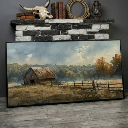 Rustic Autumn Country Barn Canvas in black floating frame